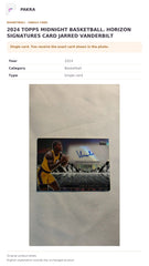 Item details and original photo for 2024 TOPPS MIDNIGHT BASKETBALL. HORIZON SIGNATURES CARD JARRED VANDERBILT.