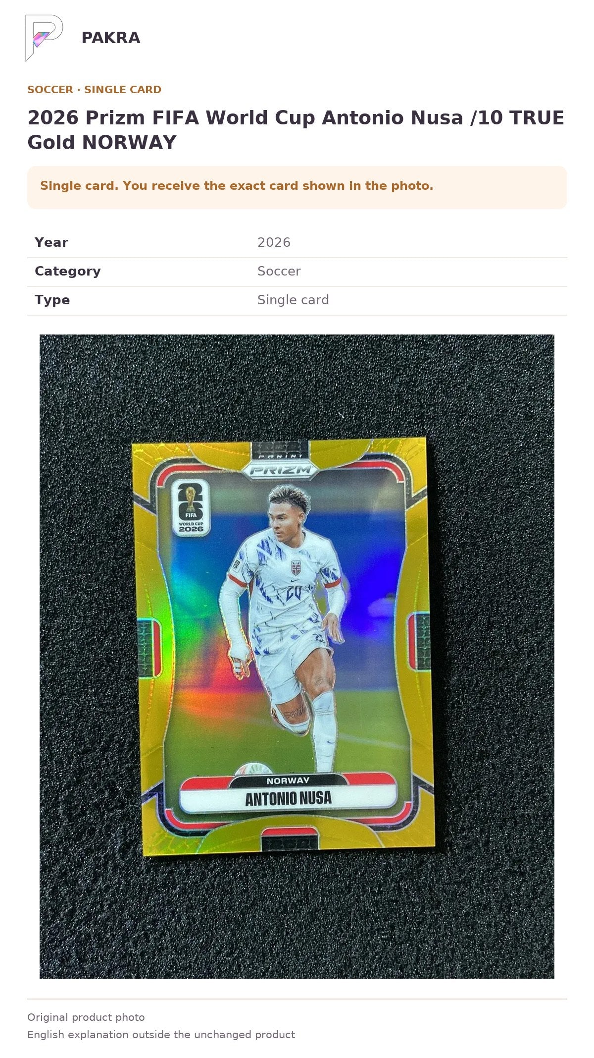 Item details and original photo for 2026 Prizm FIFA World Cup Antonio Nusa /10 TRUE Gold NORWAY.