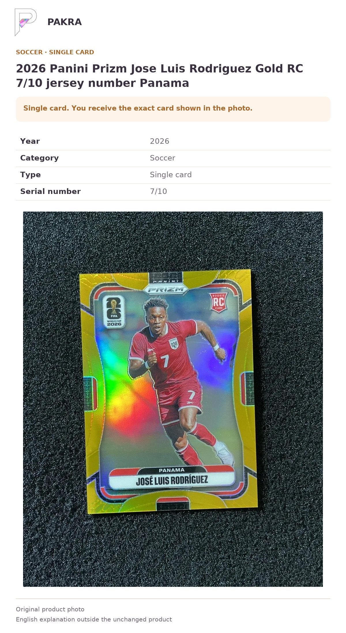 Item details and original photo for 2026 Panini Prizm Jose Luis Rodriguez Gold RC 7/10 jersey number Panama.