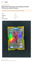 Item details and original photo for 2026 Panini Prizm Jose Luis Rodriguez Gold RC 7/10 jersey number Panama.