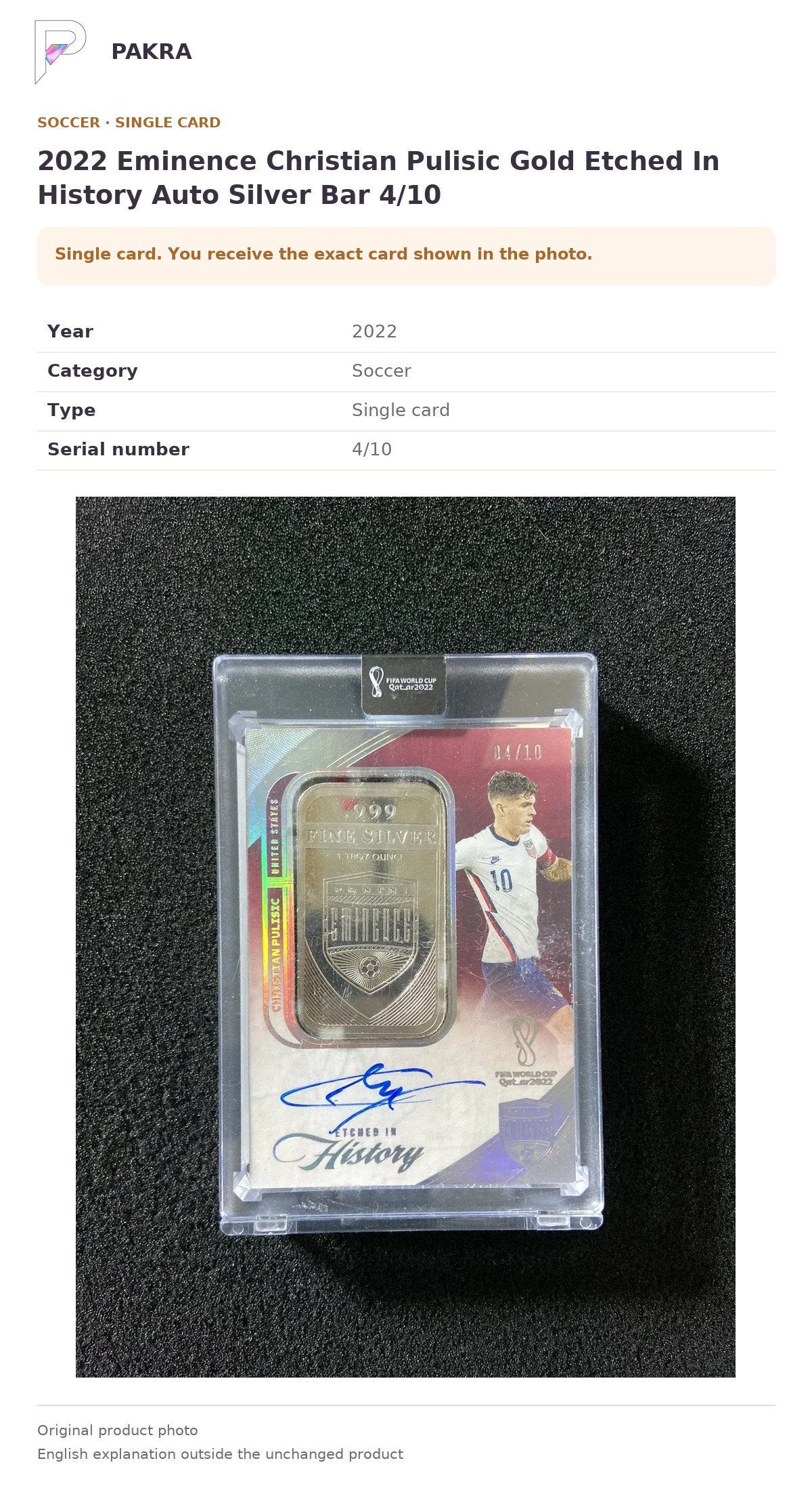 Item details and original photo for 2022 Eminence Christian Pulisic Gold Etched In History Auto Silver Bar 4/10.