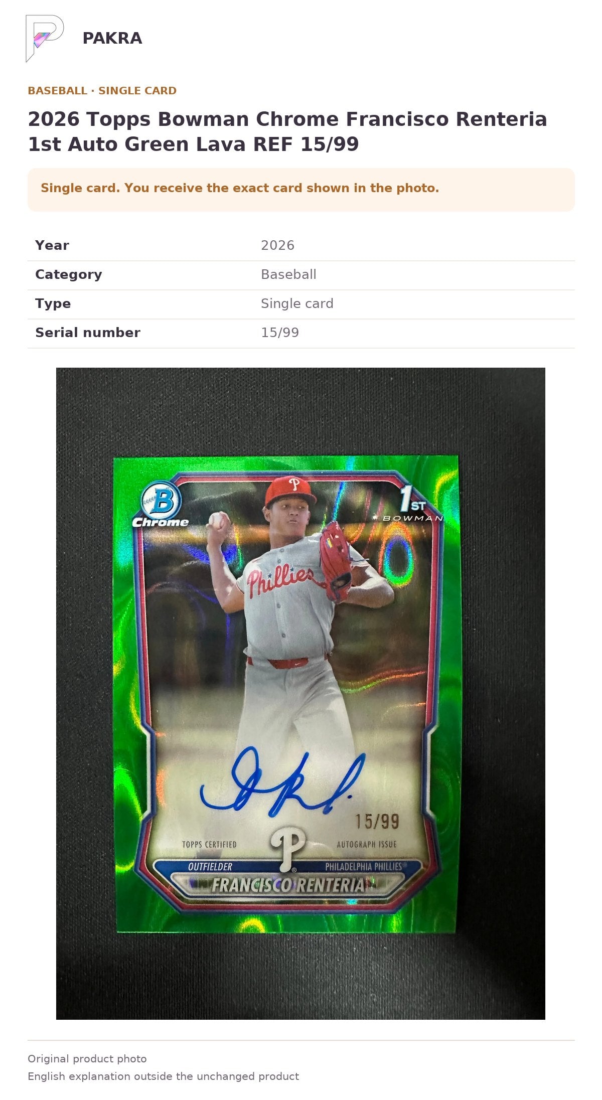 Item details and original photo for 2026 Topps Bowman Chrome Francisco Renteria 1st Auto Green Lava REF 15/99.
