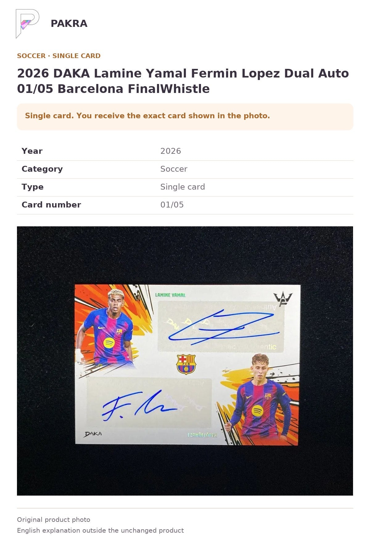 Item details and original photo for 2026 DAKA Lamine Yamal Fermin Lopez Dual Auto 01/05 Barcelona FinalWhistle.