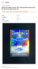Item details and original photo for 2025-26 Topps Finest UCC Konstantinos Karetsas RC Arrivals Auto Red 1/5.