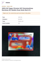 Item details and original photo for 2025-26 Topps Chrome UCC Konstantinos Karetsas RC Rookie Dual Auto Red 2/5.