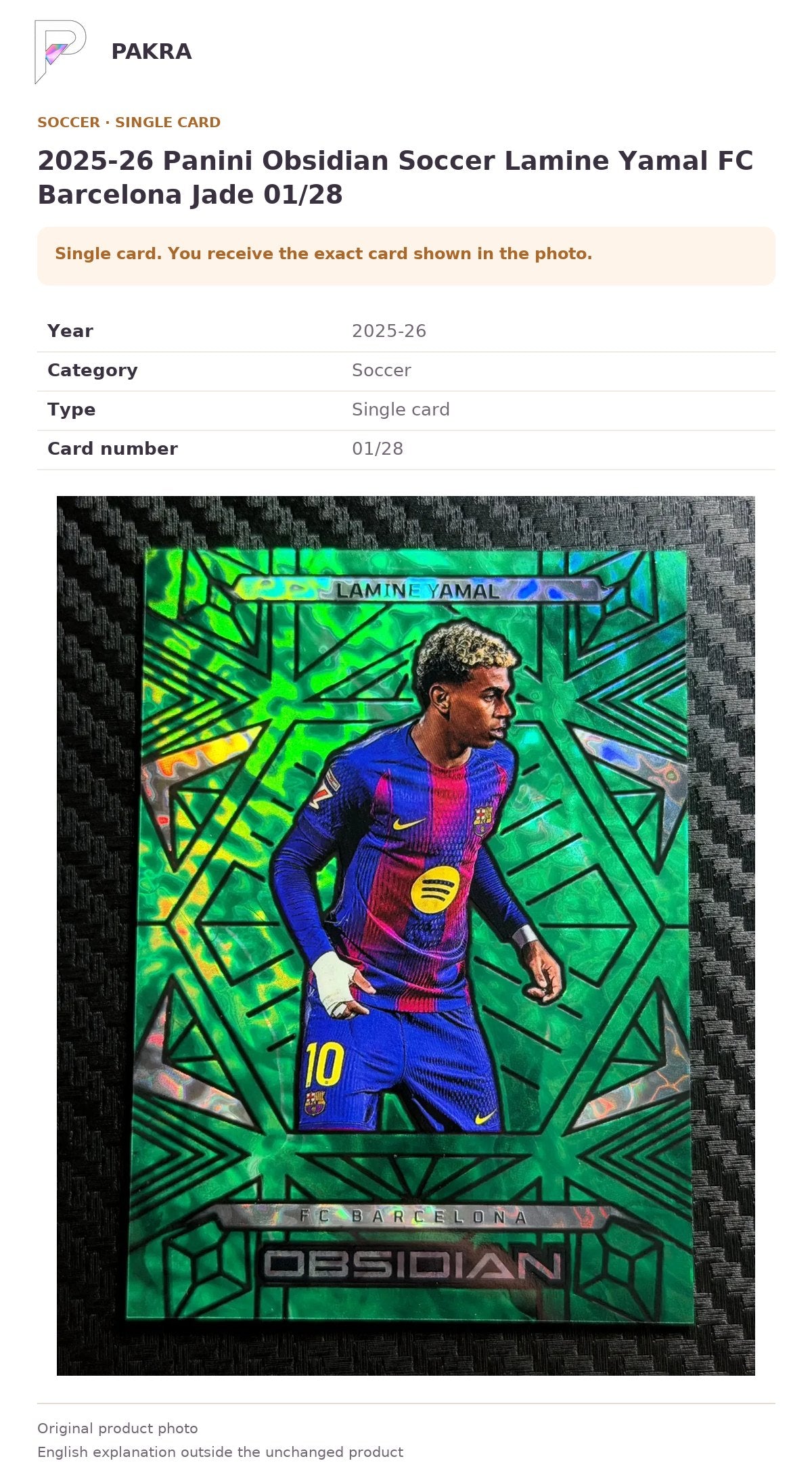 Item details and original photo for 2025-26 Panini Obsidian Soccer Lamine Yamal FC Barcelona Jade 01/28.