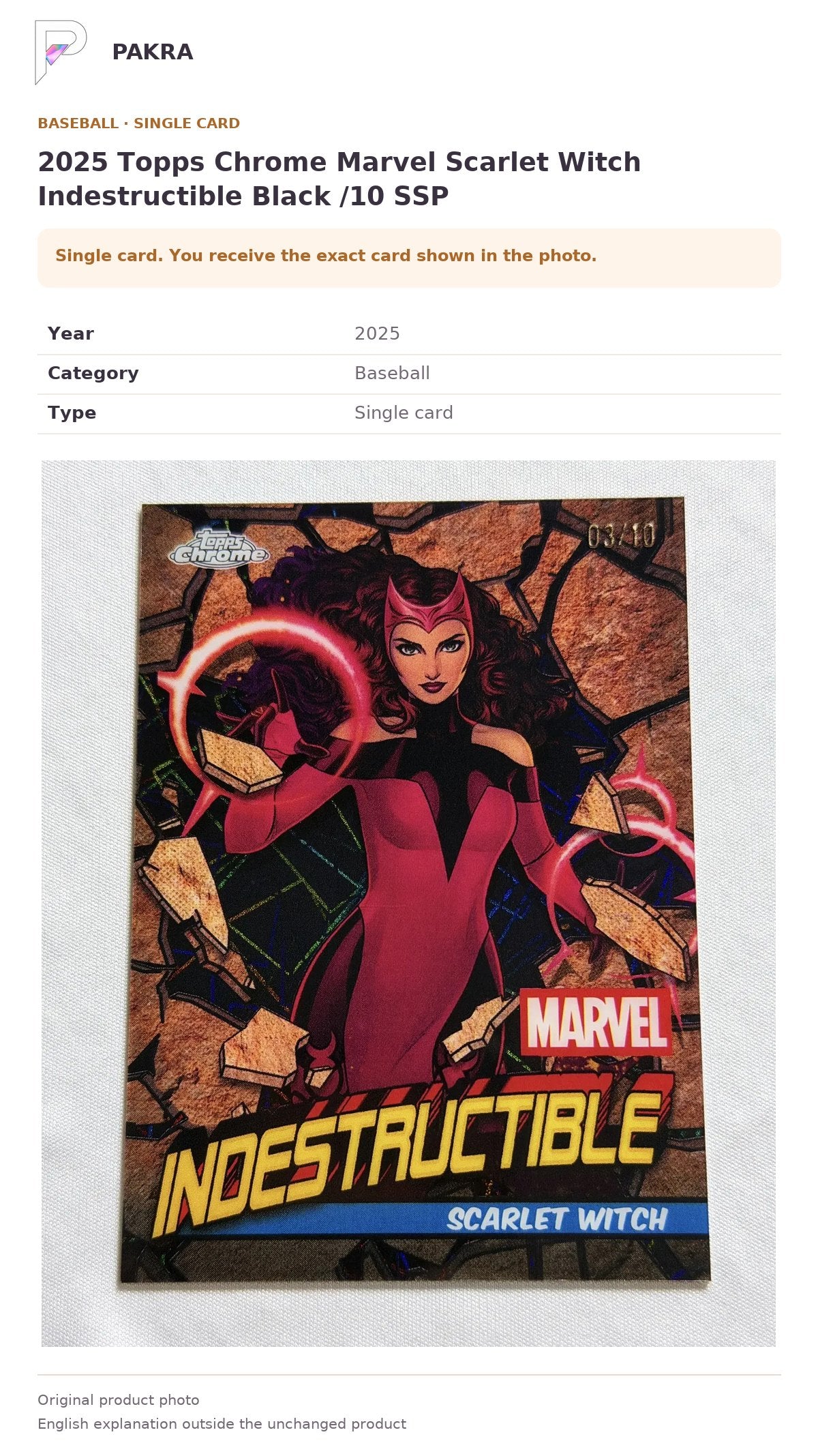 Item details and original photo for 2025 Topps Chrome Marvel Scarlet Witch Indestructible Black /10 SSP.