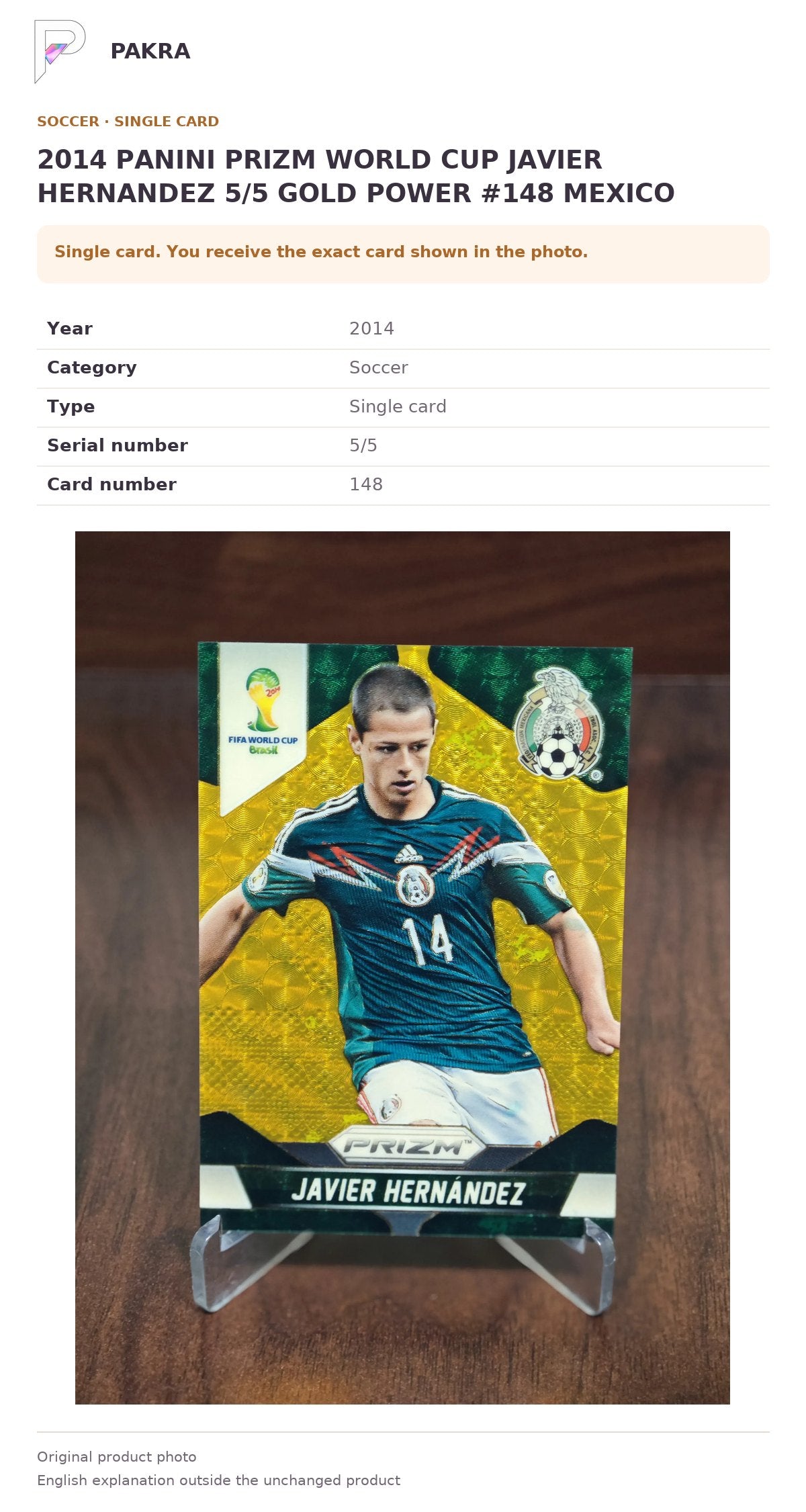 Item details and original photo for 2014 PANINI PRIZM WORLD CUP JAVIER HERNANDEZ 5/5 GOLD POWER #148 MEXICO.