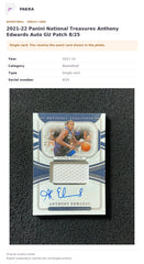 Item details and original photo for 2021-22 Panini National Treasures Anthony Edwards Auto GU Patch 8/25.