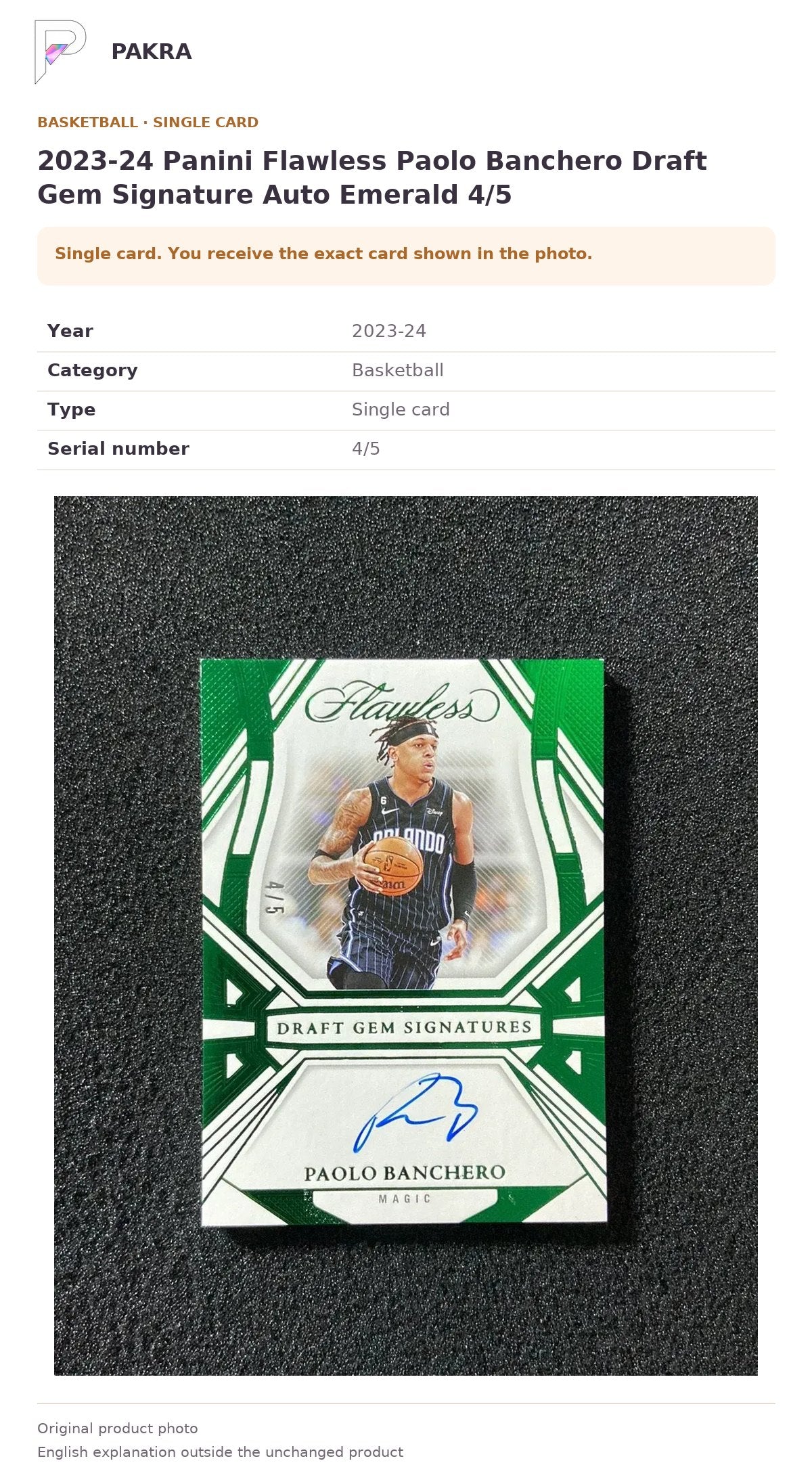 Item details and original photo for 2023-24 Panini Flawless Paolo Banchero Draft Gem Signature Auto Emerald 4/5.