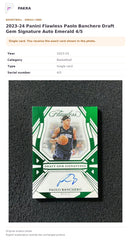 Item details and original photo for 2023-24 Panini Flawless Paolo Banchero Draft Gem Signature Auto Emerald 4/5.
