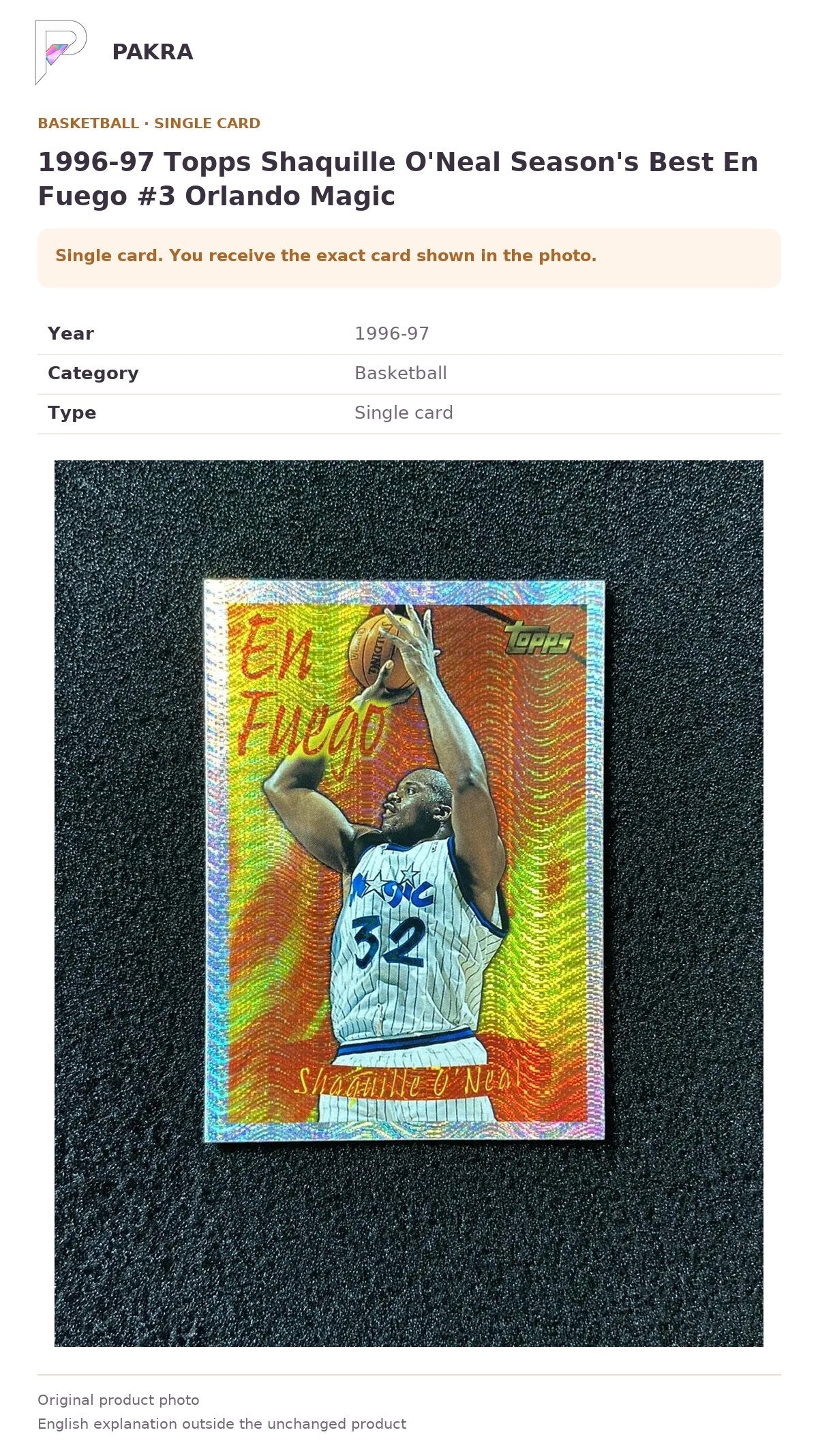 Item details and original photo for 1996-97 Topps Shaquille O'Neal Season's Best En Fuego #3 Orlando Magic.