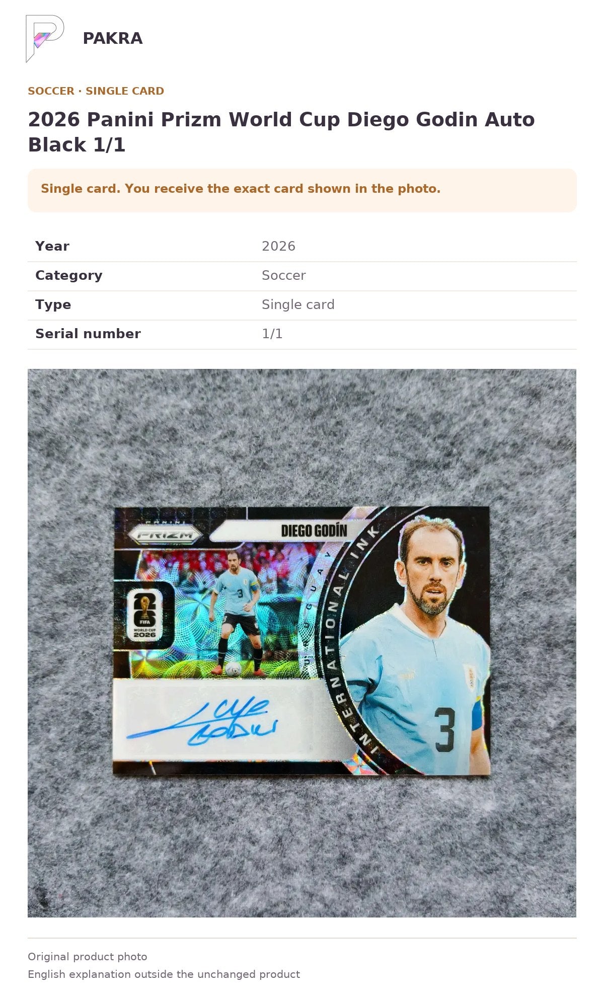 Item details and original photo for 2026 Panini Prizm World Cup Diego Godin Auto Black 1/1.