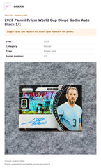 Item details and original photo for 2026 Panini Prizm World Cup Diego Godin Auto Black 1/1.