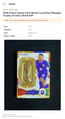 Item details and original photo for 2026 Panini Kayou FIFA World Cup Kylian Mbappe Trophy of Glory 29/59 SSP.