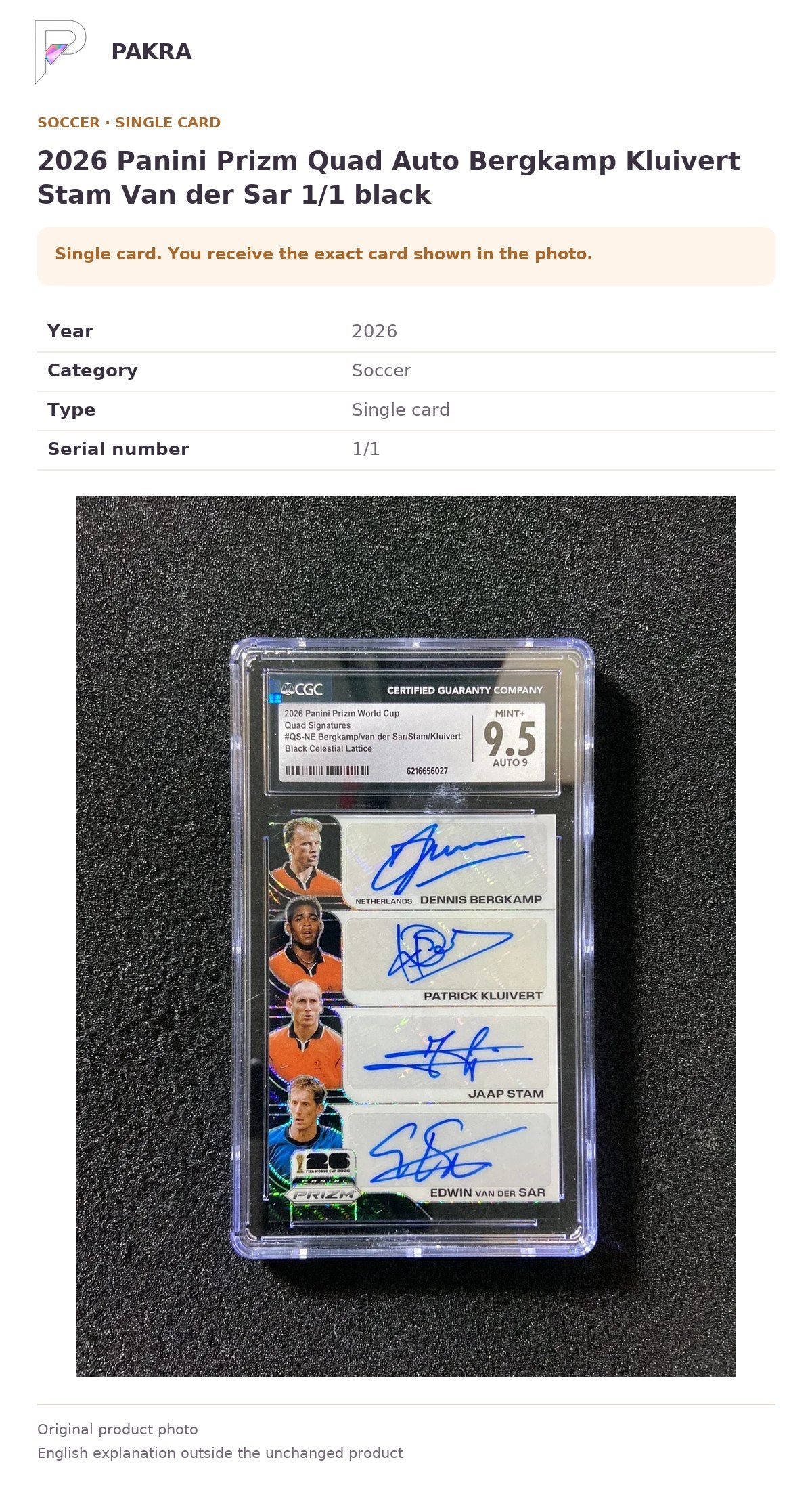Item details and original photo for 2026 Panini Prizm Quad Auto Bergkamp Kluivert Stam Van der Sar 1/1 black.