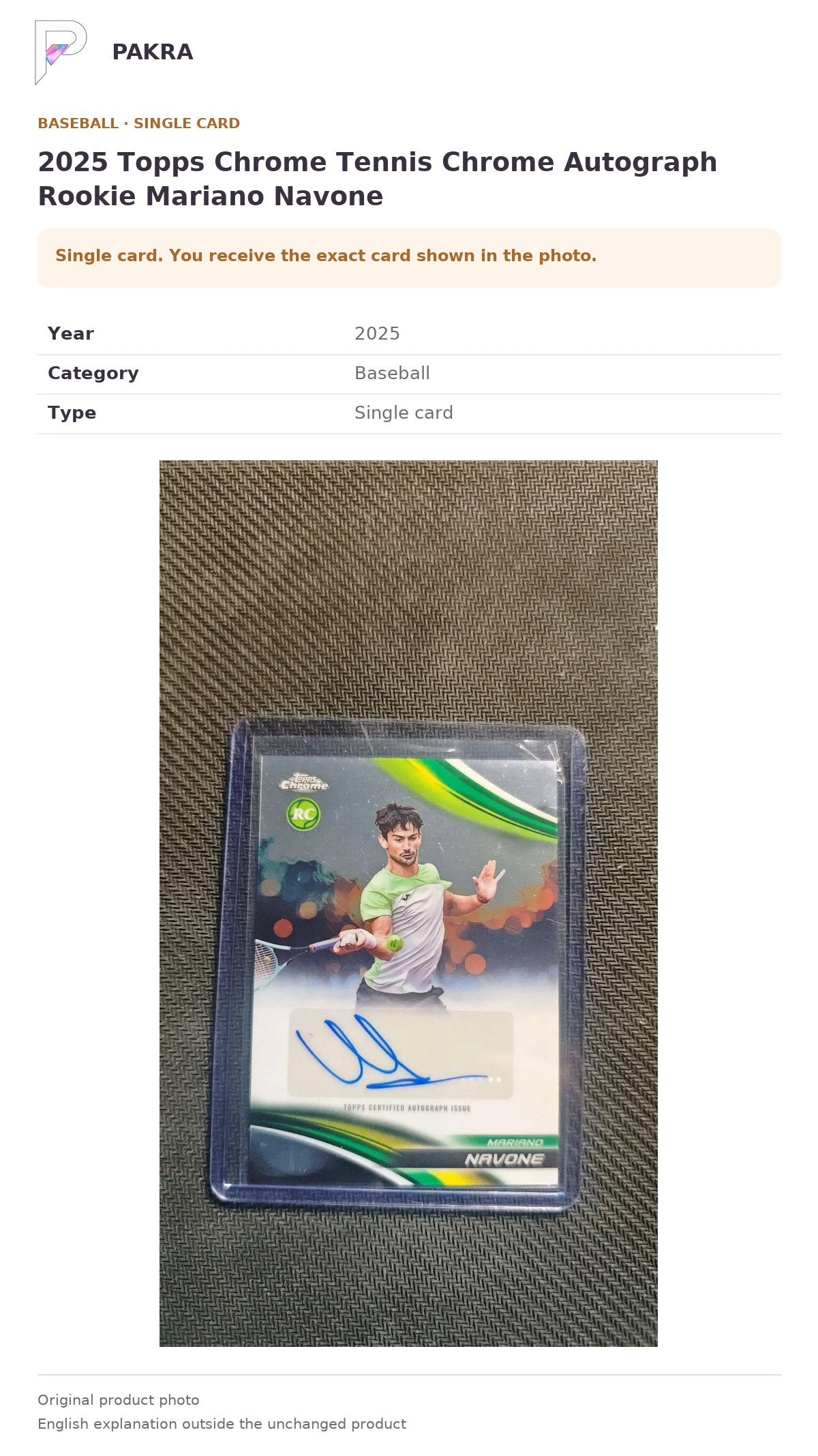 Item details and original photo for 2025 Topps Chrome Tennis Chrome Autograph Rookie Mariano Navone.