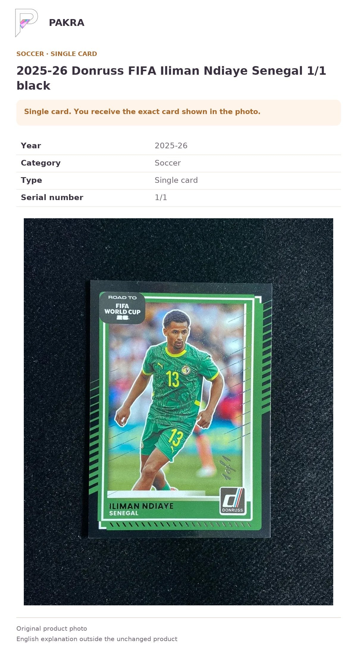 Item details and original photo for 2025-26 Donruss FIFA Iliman Ndiaye Senegal 1/1 black.