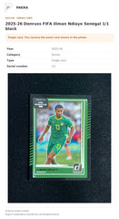 Item details and original photo for 2025-26 Donruss FIFA Iliman Ndiaye Senegal 1/1 black.