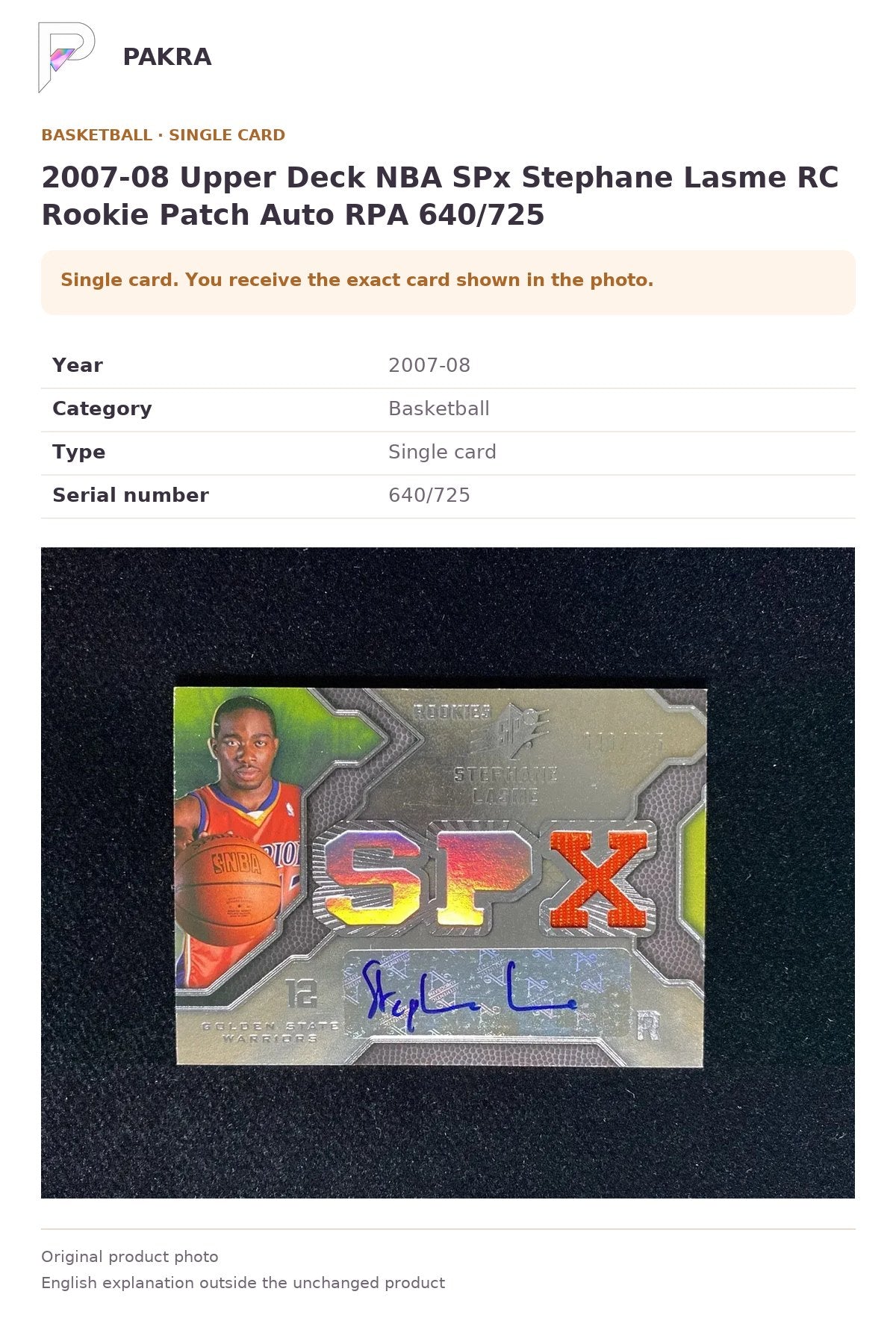 Item details and original photo for 2007-08 Upper Deck NBA SPx Stephane Lasme RC Rookie Patch Auto RPA 640/725.