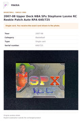 Item details and original photo for 2007-08 Upper Deck NBA SPx Stephane Lasme RC Rookie Patch Auto RPA 640/725.