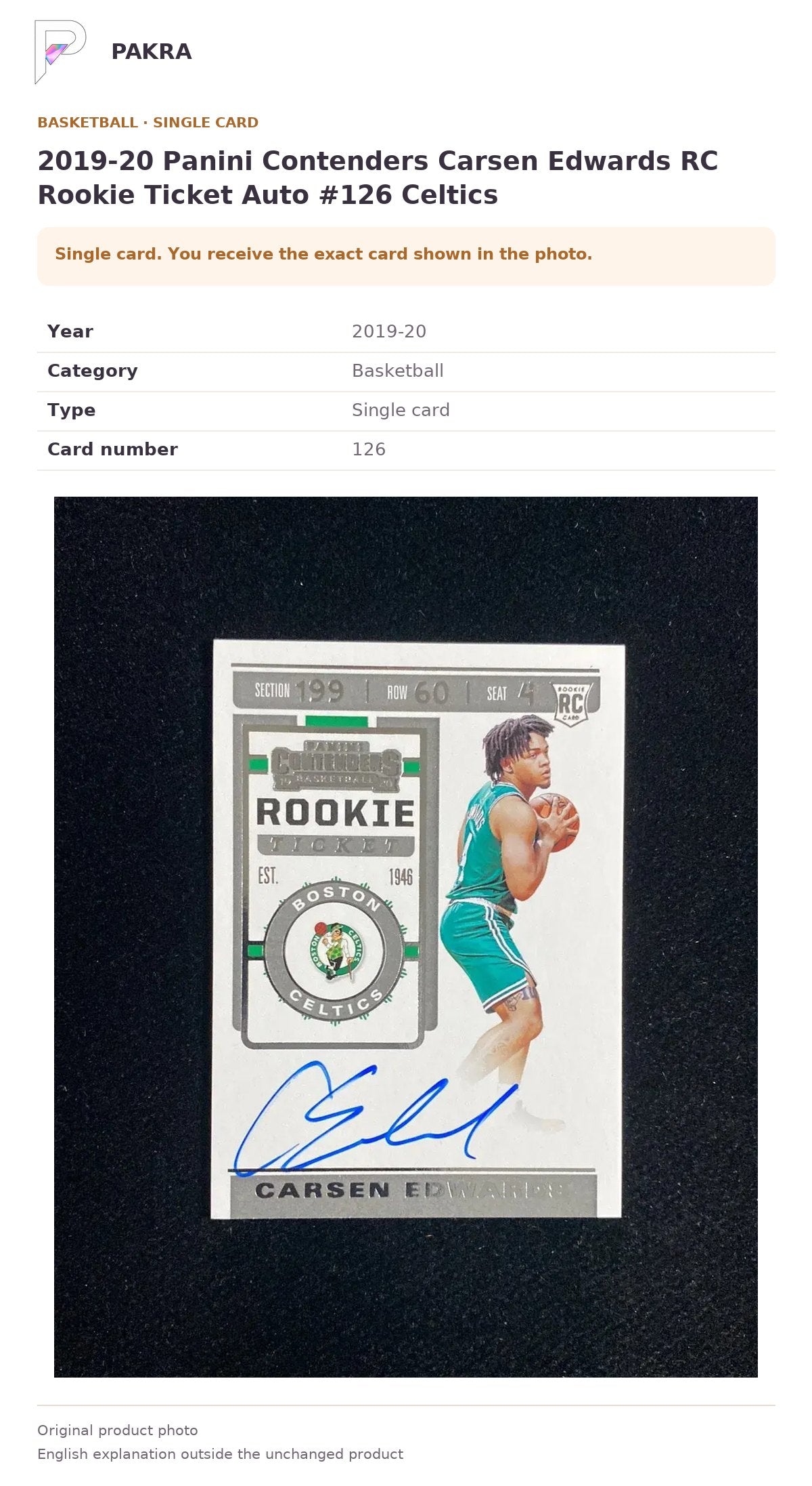 Item details and original photo for 2019-20 Panini Contenders Carsen Edwards RC Rookie Ticket Auto #126 Celtics.