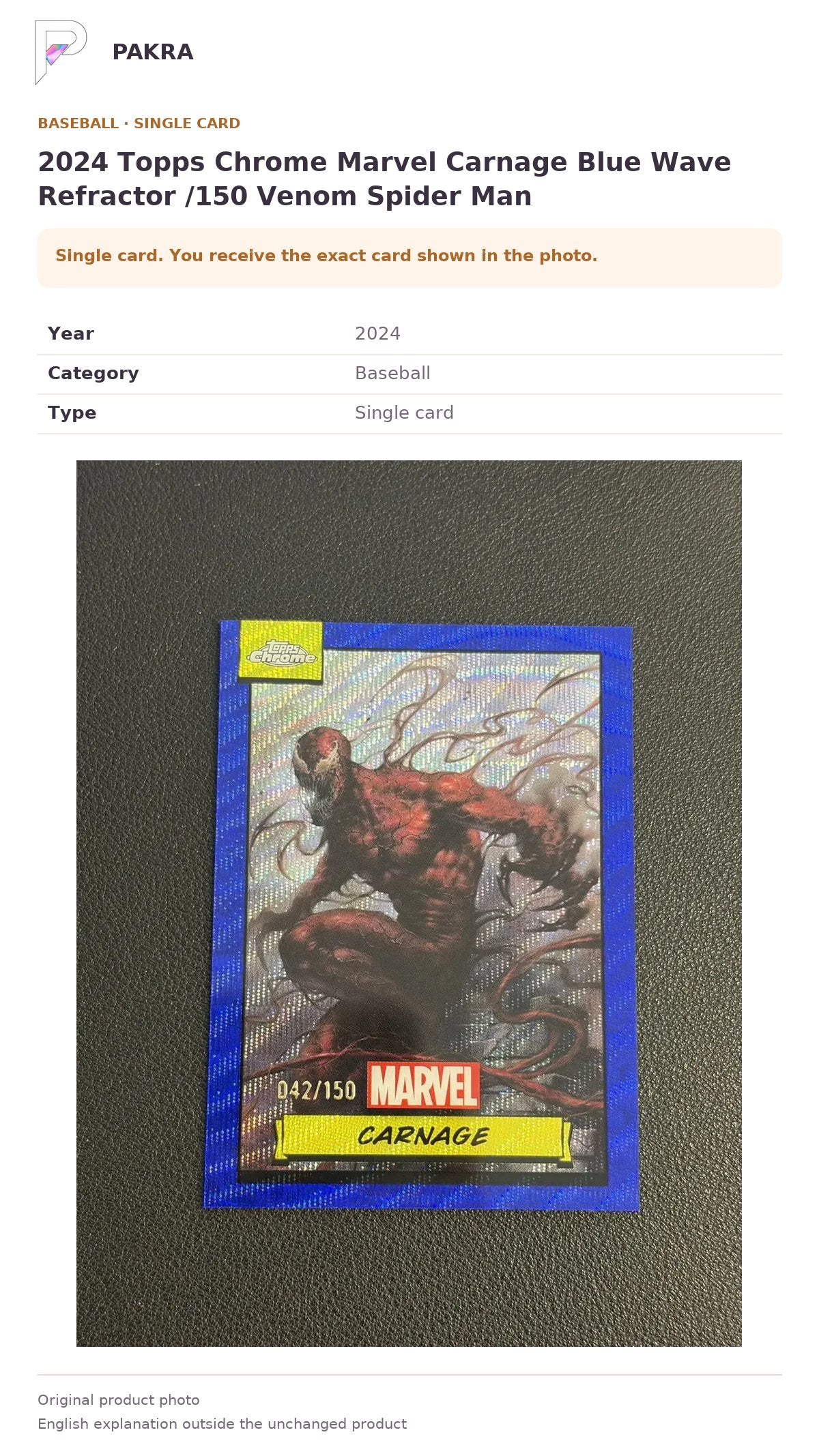 Item details and original photo for 2024 Topps Chrome Marvel Carnage Blue Wave Refractor /150 Venom Spider Man.