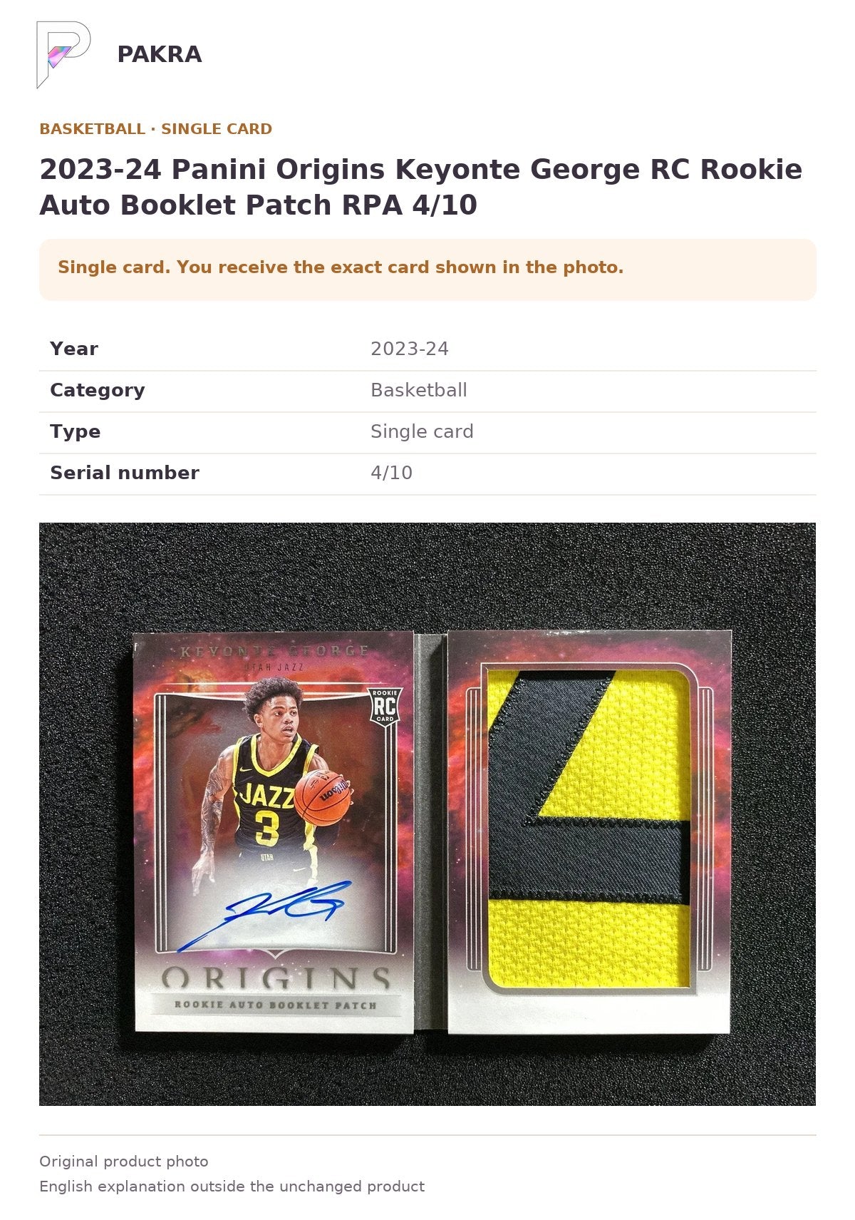 Item details and original photo for 2023-24 Panini Origins Keyonte George RC Rookie Auto Booklet Patch RPA 4/10.