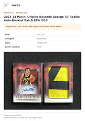 Item details and original photo for 2023-24 Panini Origins Keyonte George RC Rookie Auto Booklet Patch RPA 4/10.