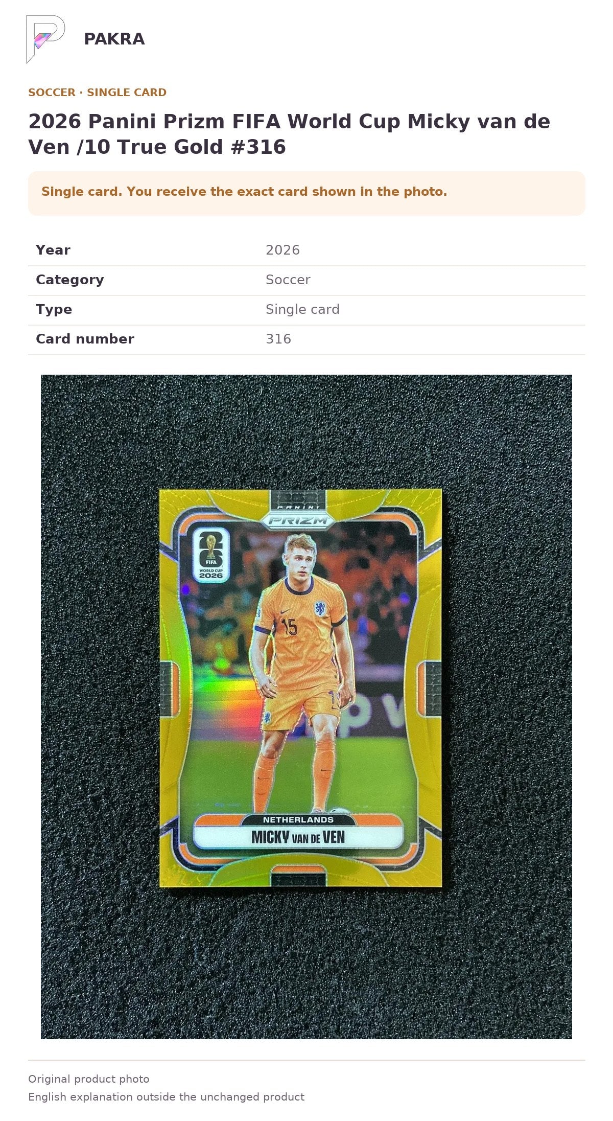 Item details and original photo for 2026 Panini Prizm FIFA World Cup Micky van de Ven /10 True Gold #316.