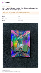 Item details and original photo for 2026 Panini Select World Cup Gilberto Mora Pink /25 Future Mexico RC Card.