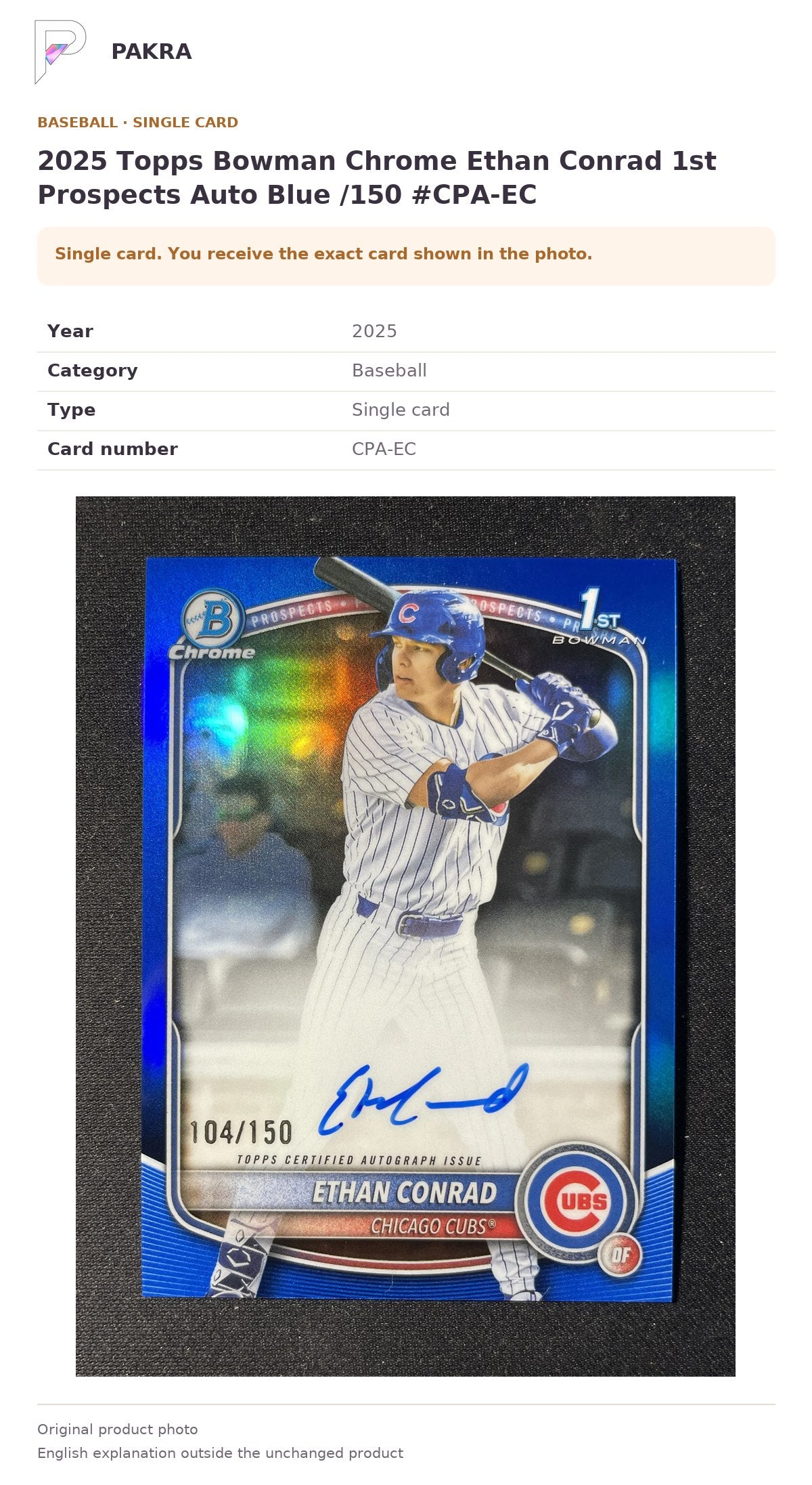 Item details and original photo for 2025 Topps Bowman Chrome Ethan Conrad 1st Prospects Auto Blue /150 #CPA-EC.