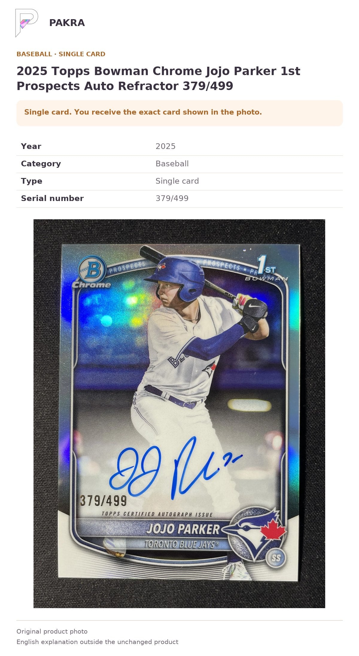 Item details and original photo for 2025 Topps Bowman Chrome Jojo Parker 1st Prospects Auto Refractor 379/499.