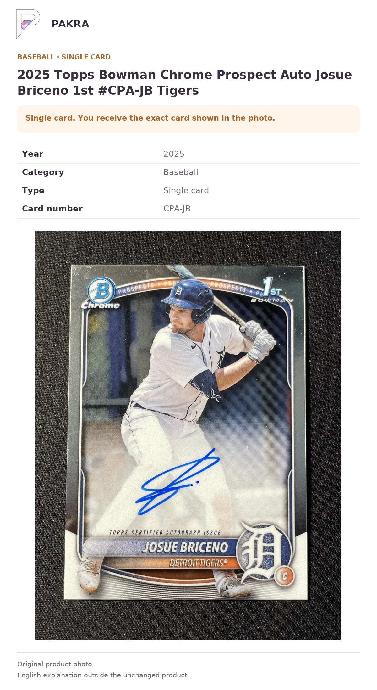 Item details and original photo for 2025 Topps Bowman Chrome Prospect Auto Josue Briceno 1st #CPA-JB Tigers.