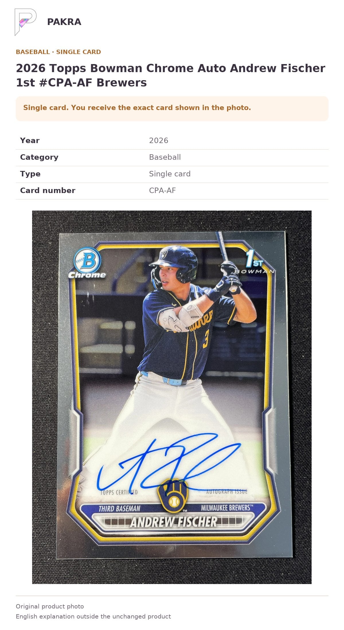 Item details and original photo for 2026 Topps Bowman Chrome Auto Andrew Fischer 1st #CPA-AF Brewers.