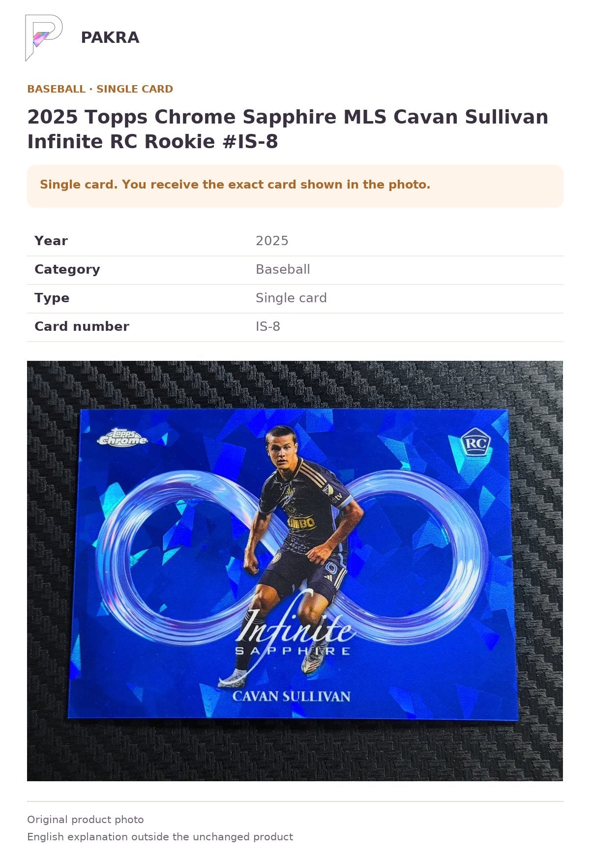 Item details and original photo for 2025 Topps Chrome Sapphire MLS Cavan Sullivan Infinite RC Rookie #IS-8.