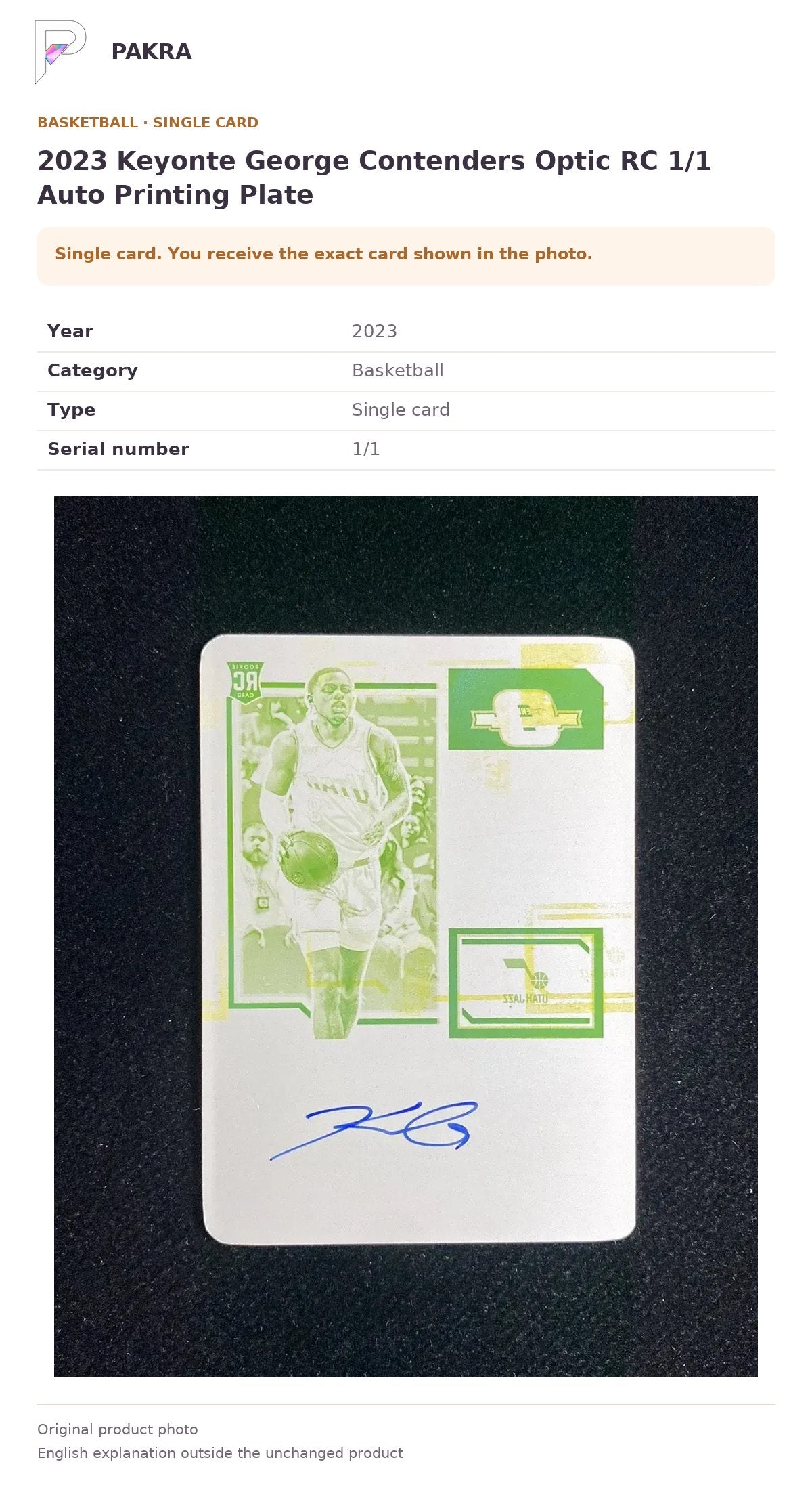 Item details and original photo for 2023 Keyonte George Contenders Optic RC 1/1 Auto Printing Plate.