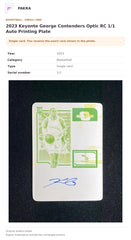 Item details and original photo for 2023 Keyonte George Contenders Optic RC 1/1 Auto Printing Plate.