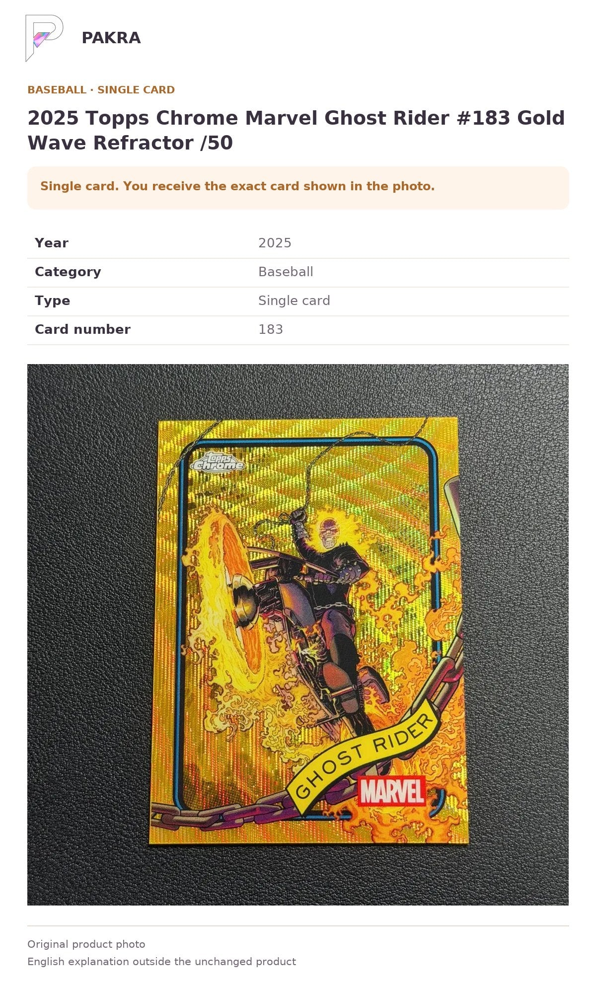 Item details and original photo for 2025 Topps Chrome Marvel Ghost Rider #183 Gold Wave Refractor /50.