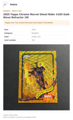 Item details and original photo for 2025 Topps Chrome Marvel Ghost Rider #183 Gold Wave Refractor /50.