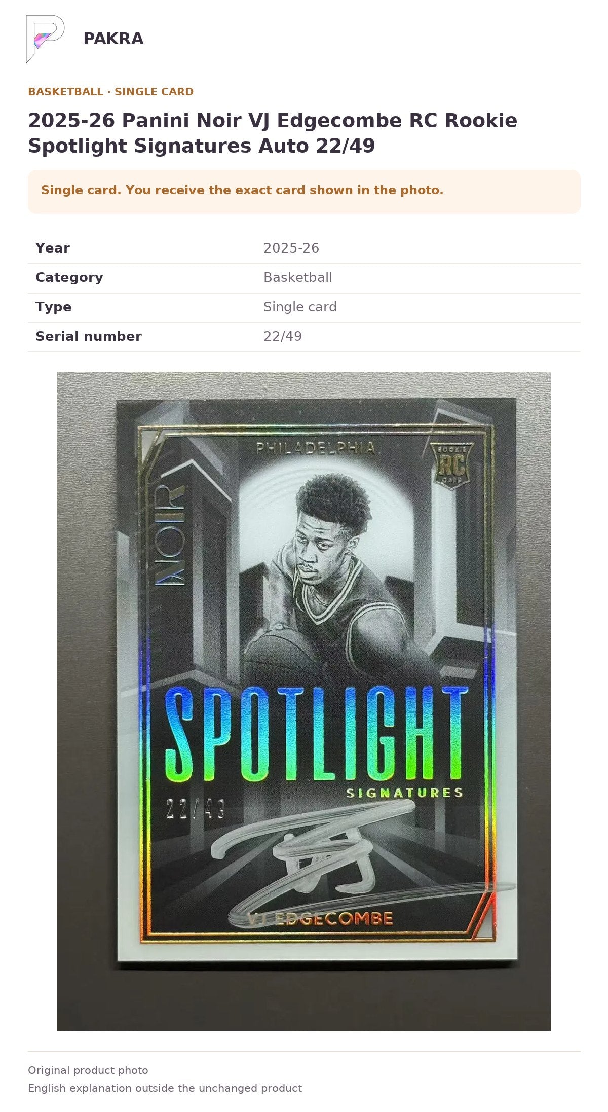 Item details and original photo for 2025-26 Panini Noir VJ Edgecombe RC Rookie Spotlight Signatures Auto 22/49.