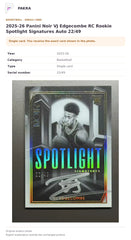 Item details and original photo for 2025-26 Panini Noir VJ Edgecombe RC Rookie Spotlight Signatures Auto 22/49.