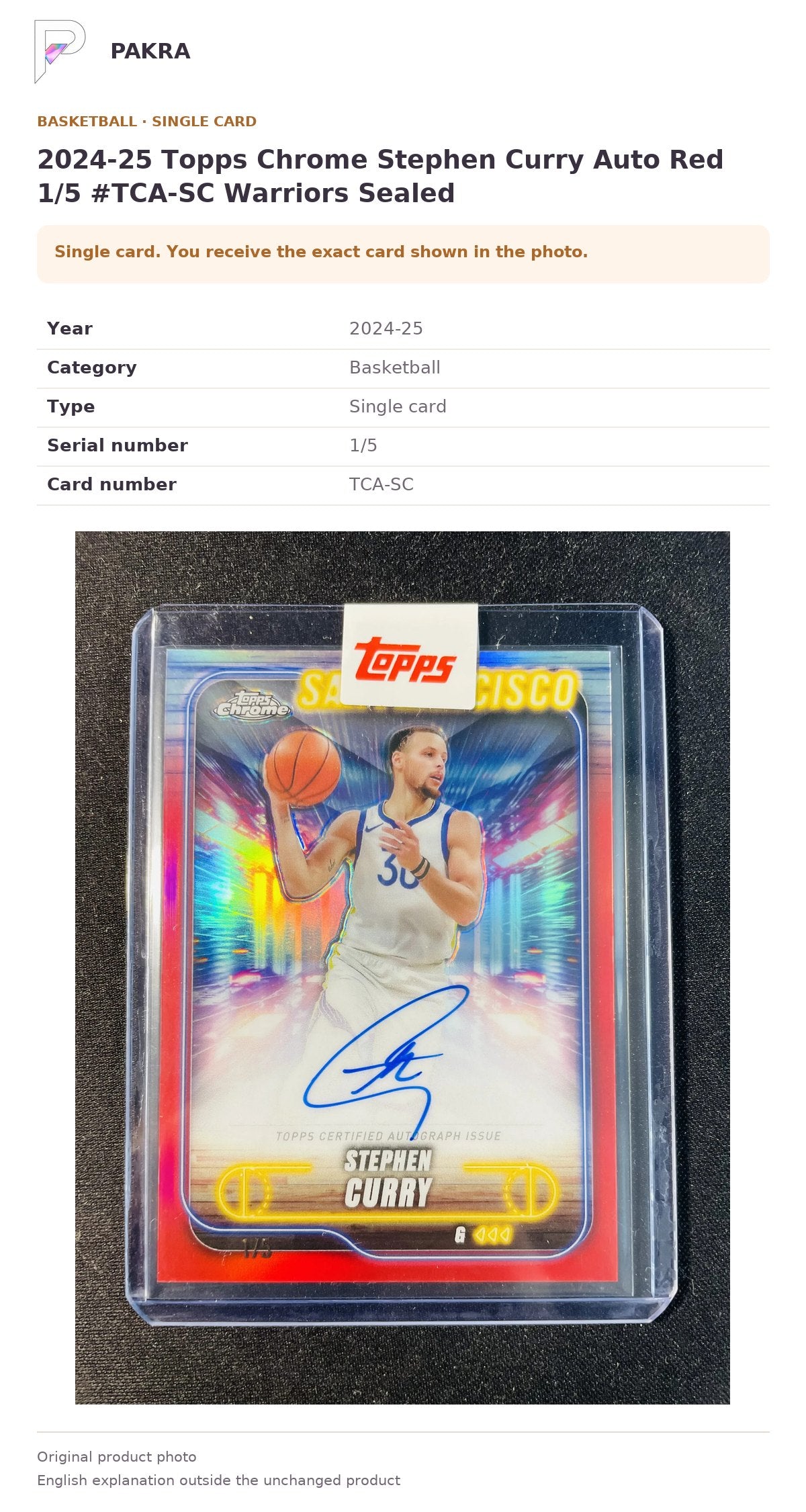 Item details and original photo for 2024-25 Topps Chrome Stephen Curry Auto Red 1/5 #TCA-SC Warriors Sealed.
