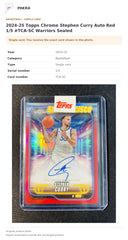 Item details and original photo for 2024-25 Topps Chrome Stephen Curry Auto Red 1/5 #TCA-SC Warriors Sealed.