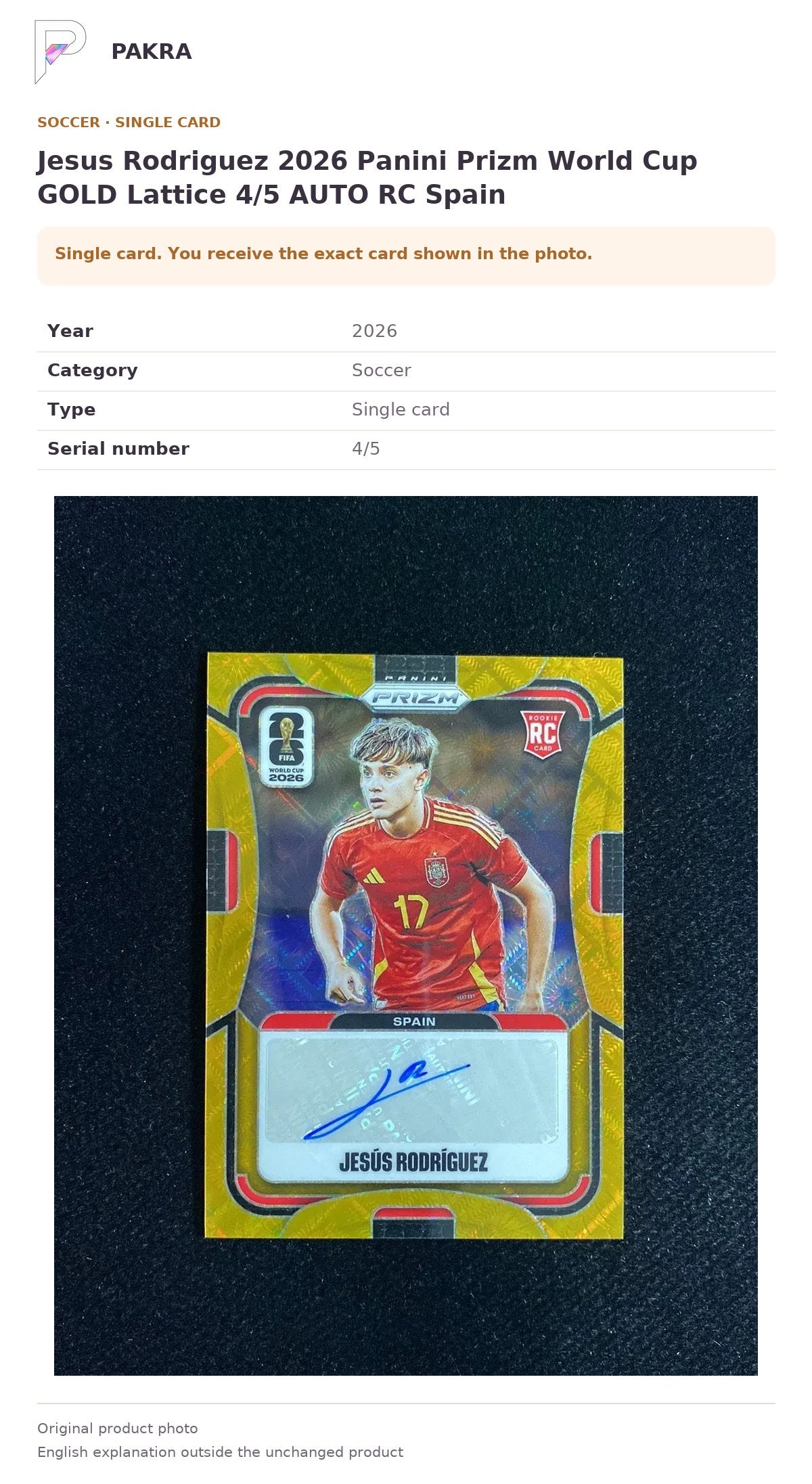 Item details and original photo for Jesus Rodriguez 2026 Panini Prizm World Cup GOLD Lattice 4/5 AUTO RC Spain.