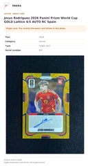 Item details and original photo for Jesus Rodriguez 2026 Panini Prizm World Cup GOLD Lattice 4/5 AUTO RC Spain.
