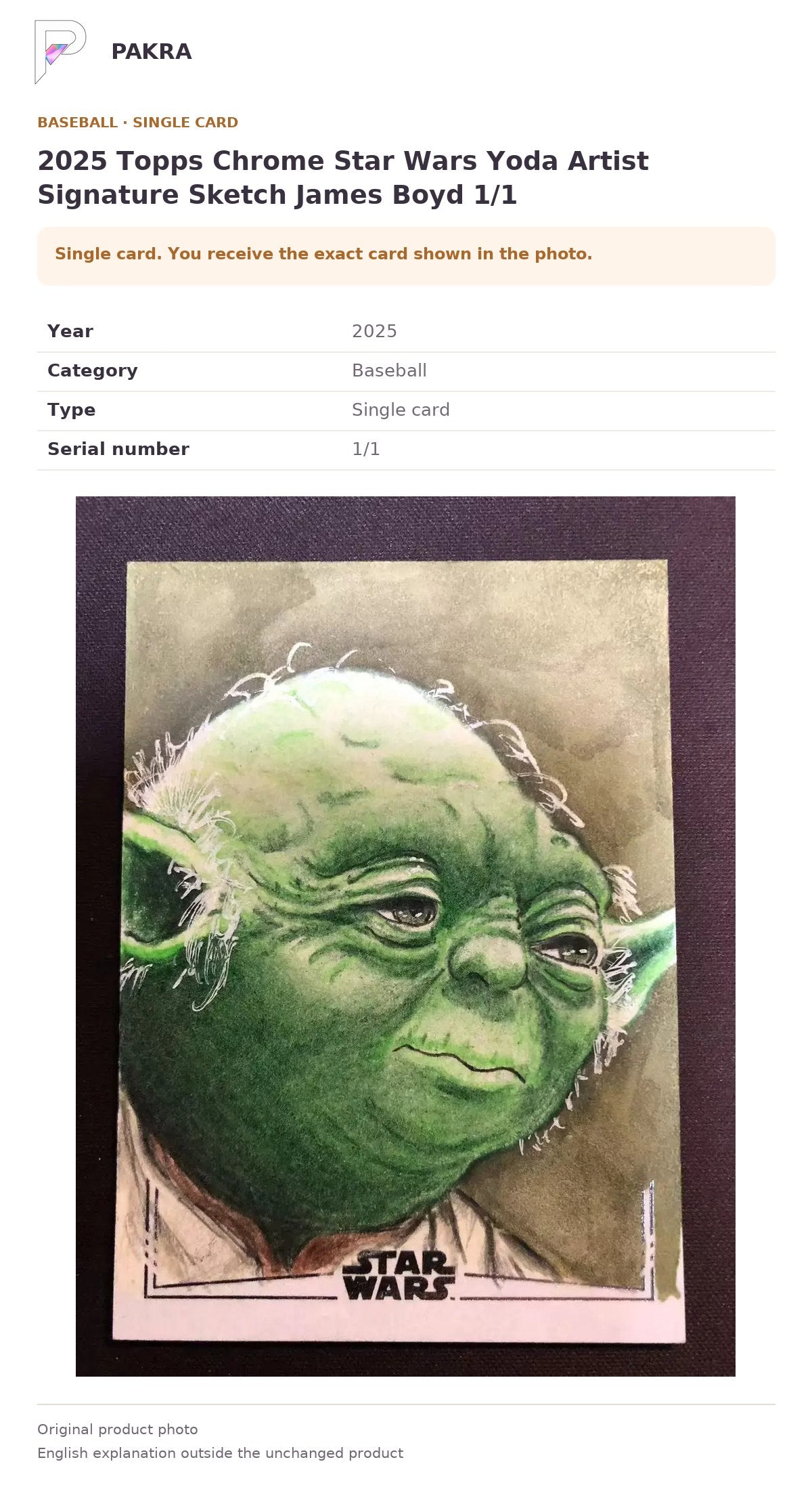 Item details and original photo for 2025 Topps Chrome Star Wars Yoda Artist Signature Sketch James Boyd 1/1.