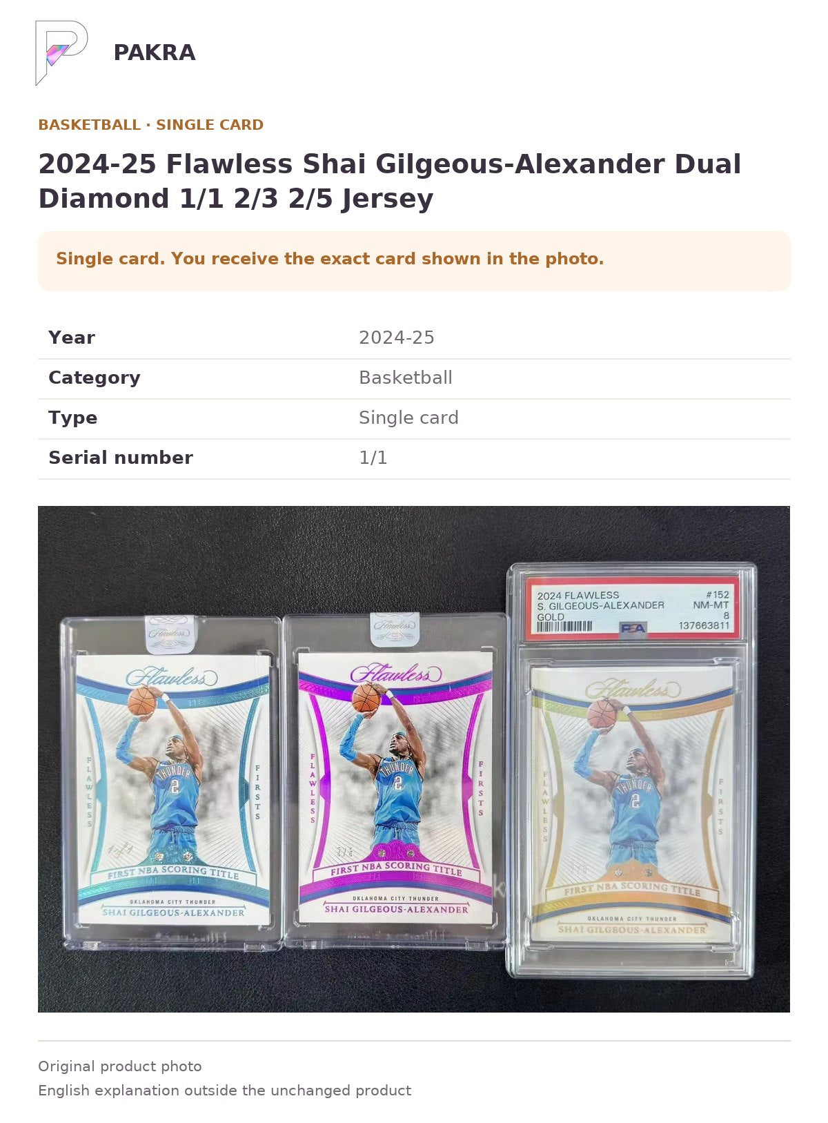 Item details and original photo for 2024-25 Flawless Shai Gilgeous-Alexander Dual Diamond 1/1 2/3 2/5 Jersey.