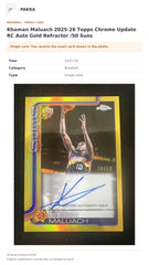 Item details and original photo for Khaman Maluach 2025-26 Topps Chrome Update RC Auto Gold Refractor /50 Suns.
