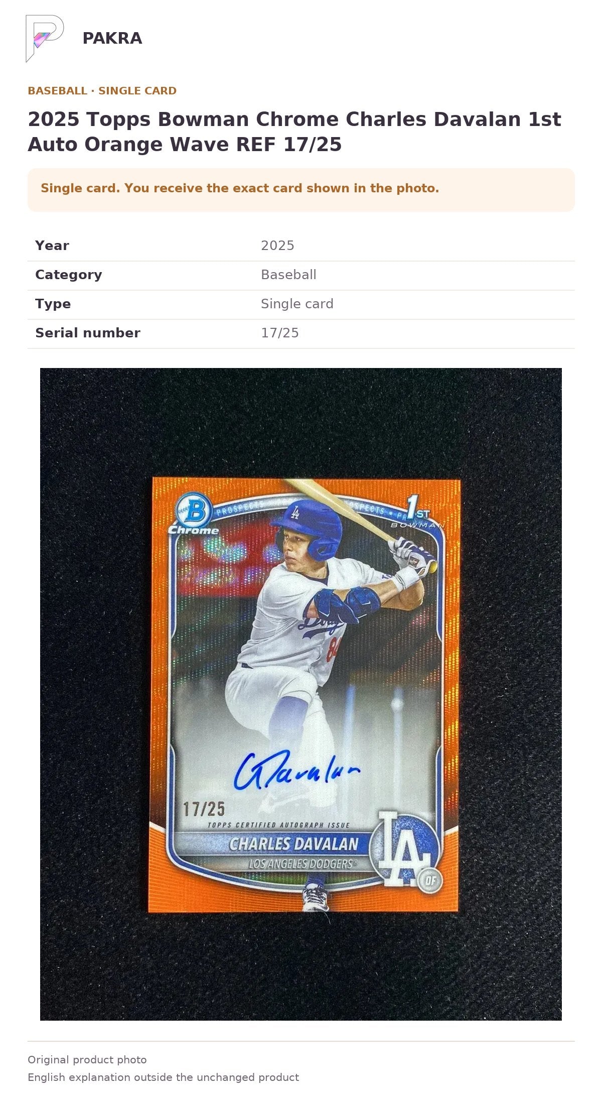 Item details and original photo for 2025 Topps Bowman Chrome Charles Davalan 1st Auto Orange Wave REF 17/25.